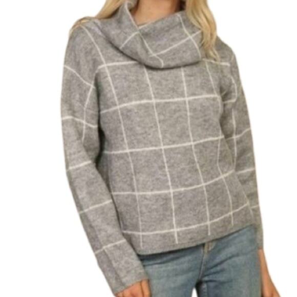 Lumiere Gray Turtleneck Grid Sweater Size S - Picture 1 of 6